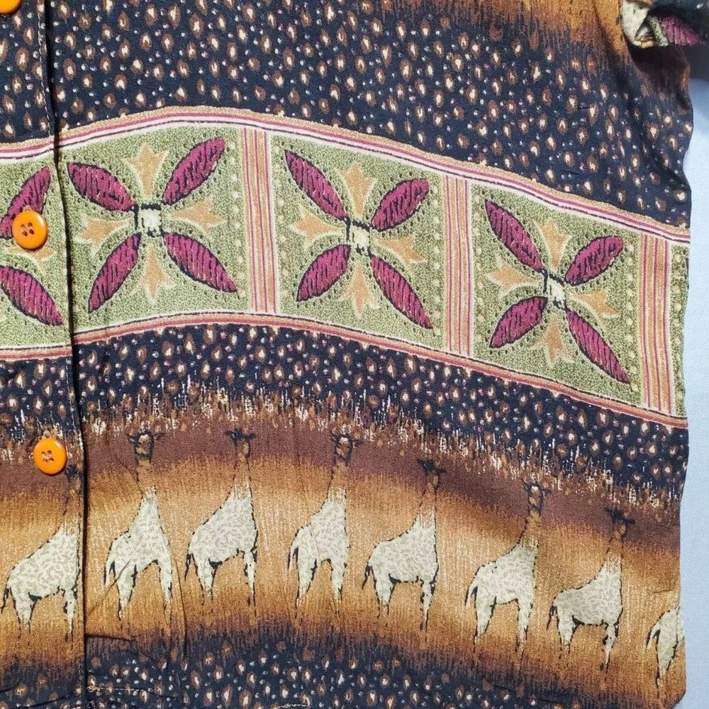 VTG California Krush Rayon Giraffe Safari Shirt Women XL Brown Indie Sleaze Boho